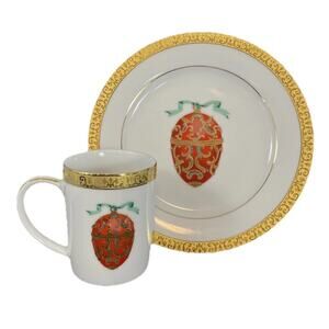 Vintage Royal Gallery Buffet ORANGE Faberge Egg Coffee Cup & Salad Plate